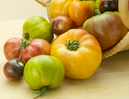 A variety of yellow, green and red tomatoes.