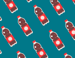 A grid of illustrated soda bottles on a blue background. 