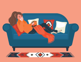 An illustration of a young woman on a couch blowing her nose and holding a hot drink.